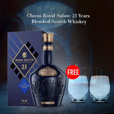 Chivas royal salute 21 years blended scotch whiskey with Gift box, 700ml (Pair of 39cl Whisky Glasses Free)