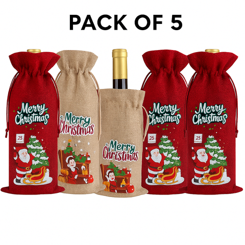 Christmas Burlap Wine Gift Bags (Pack Of 5)